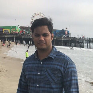 Dark skinned man standing on the beach with a Ferris wheel in the background.